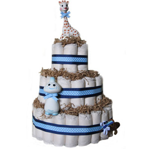 Organic 3 Tier Sophie Giraffe Blue Diaper Cake